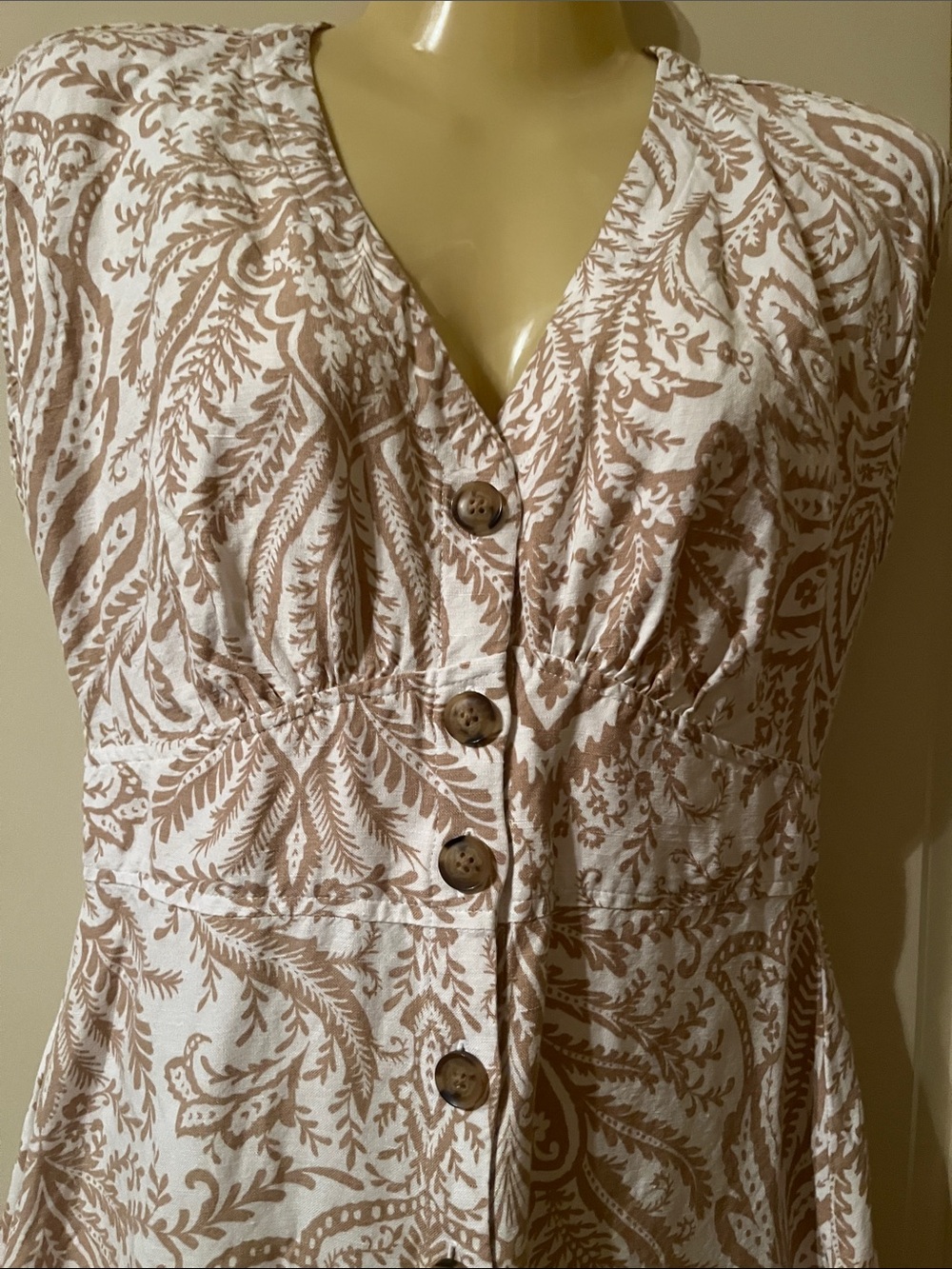LOFT White and Taupe Paisley Button-Front Mini Dress, Size 00P - Picture 4 of 5